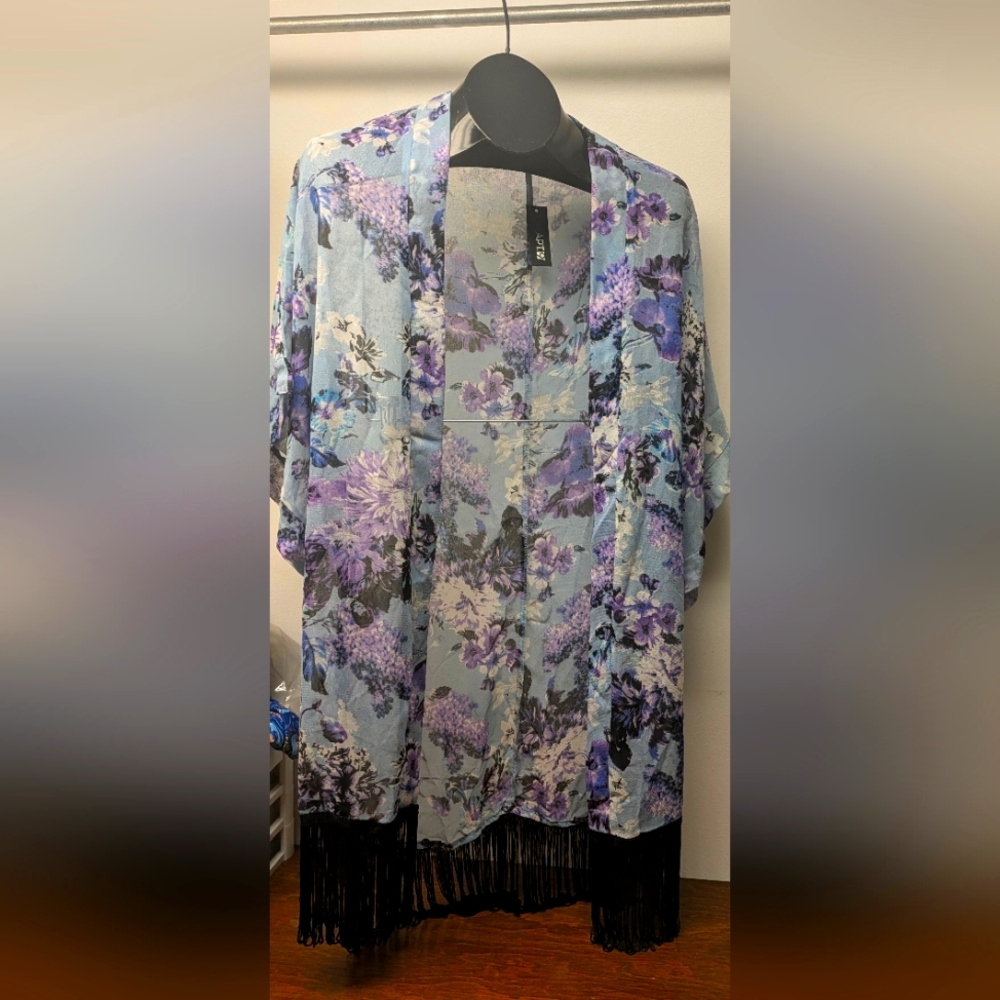Apt 9 Floral Fringe Kimono Cardigan - Light Blue & Purple Osfm